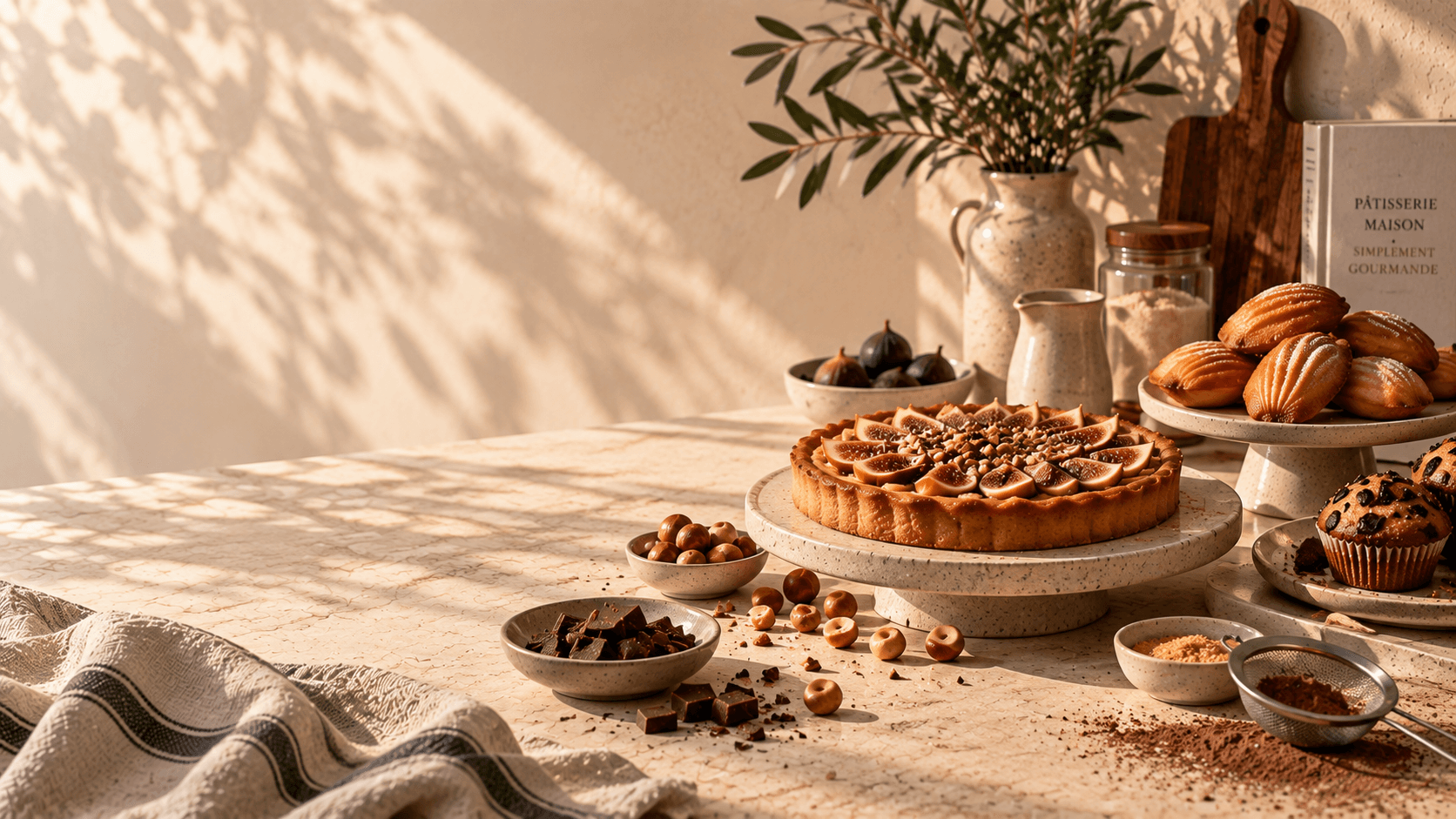 Tarte aux figues, madeleines et muffins au chocolat faits maison sur un plan de travail ensoleillé