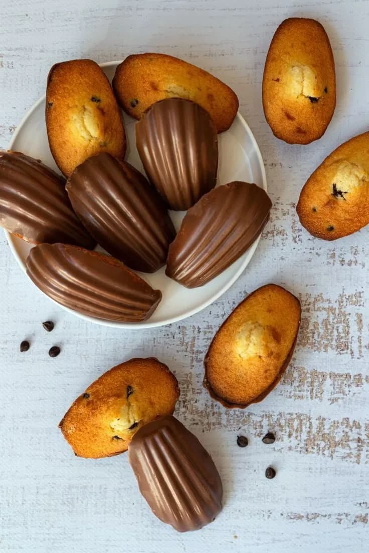 Madeleines maison dorées et madeleines enrobées de chocolat dans une assiette