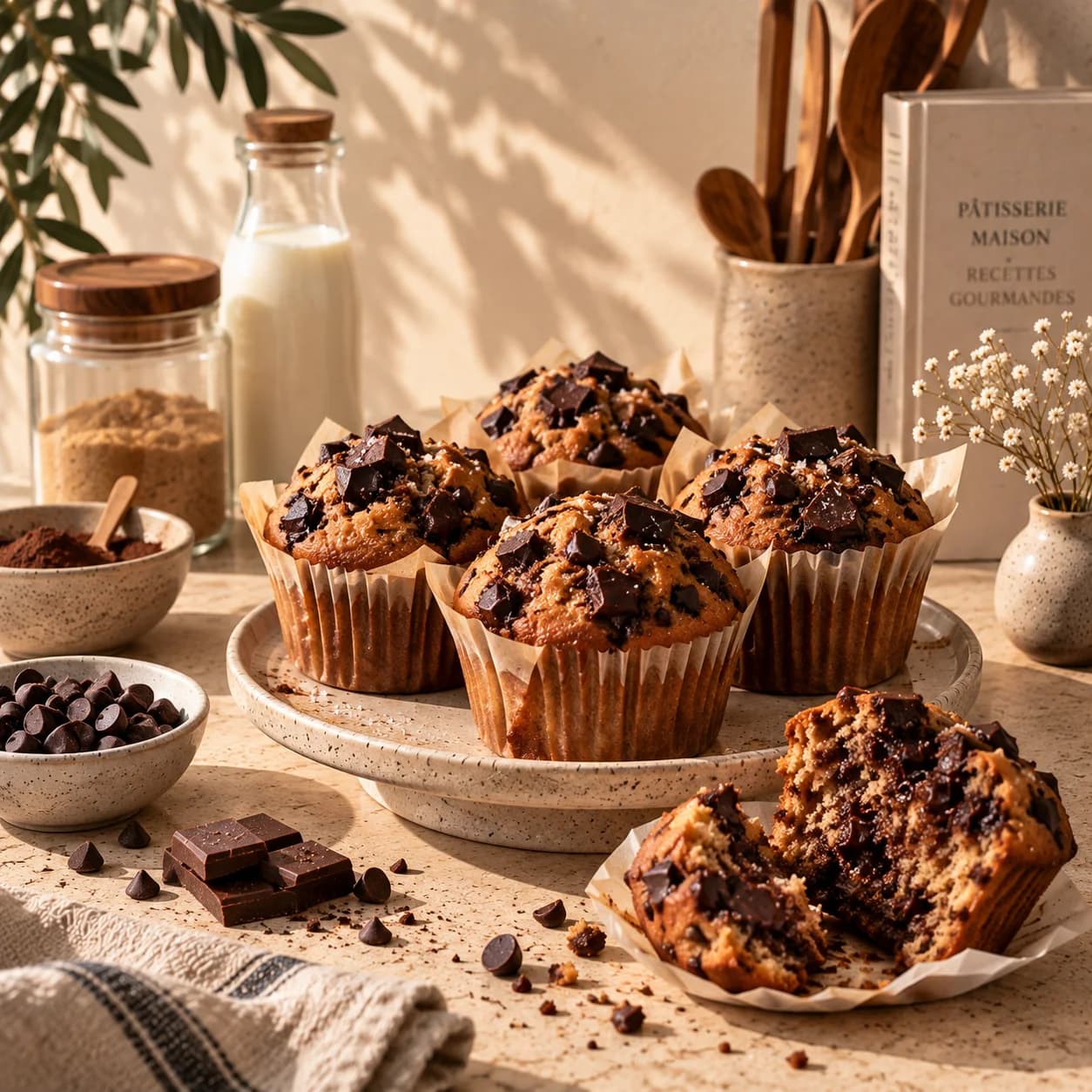 Muffins au chocolat sur un plan de travail clair