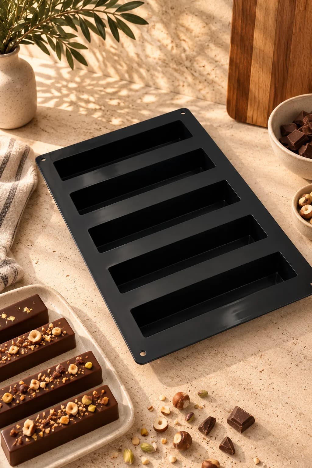 Moule 5 cakes BAEKÖ en silicone noir, avec des barres chocolatées